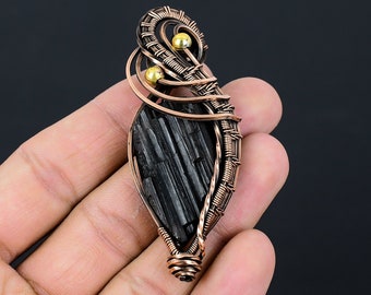 Natural Black Tourmaline Rough Gemstone Pendant Copper Wire Wrapped Pendant Jewelry Tourmaline Jewelry Handmade Jewelry Tourmaline Necklace