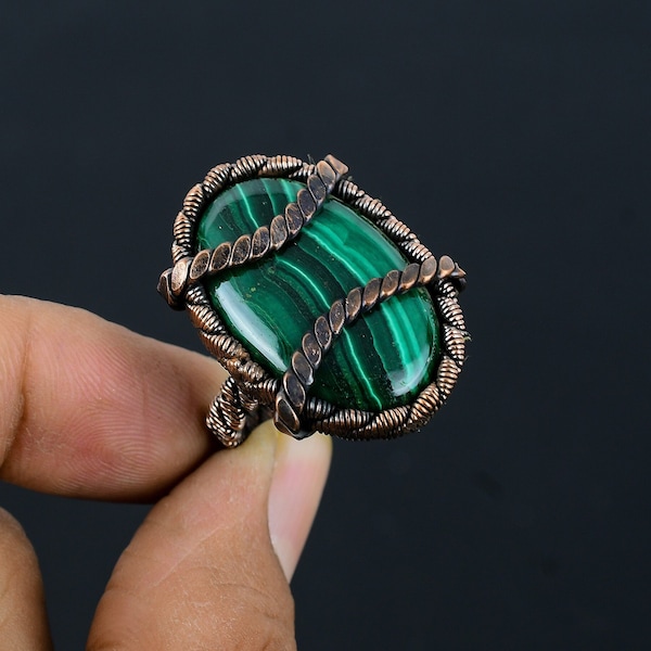 Malachite Ring Copper Wire Wrapped Ring Malachite Gemstone Ring Handmade Ring Jewelry Malachite Jewelry All Size Available Copper Jewelry