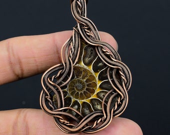 Ammonite Fossil Pendant, Pure Copper Wire Wrapped Pendant, Natural Ammonite Gemstone Handmade Jewelry Christmas Gift For Friends & Family