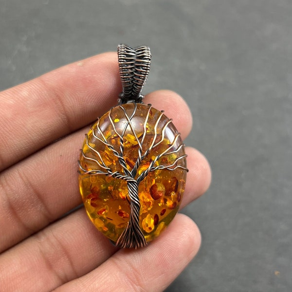 Pendentif arbre de vie en ambre de la Baltique, fil de cuivre enroulé, cuivre oxydé, pendentif en ambre de la Baltique, pendentifs en cuivre pour colliers femmes