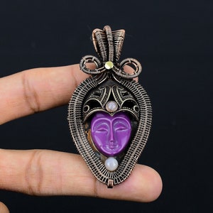 Purple Face Pendant, Copper Wire Wrapped Carved Bone Pendant Jewelry Handmade Jewelry Gifts For Him/Her, Gift for Husband, Gift For Mom