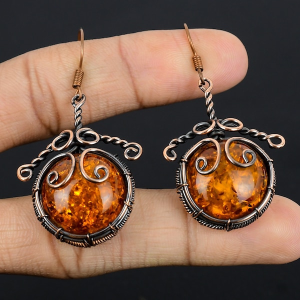 Baltic Amber Earrings Copper Wire Wrapped Earrings Baltic Amber Gemstone Earrings Copper Jewelry Dangle Earrings Gift For Her Amber Jewelry