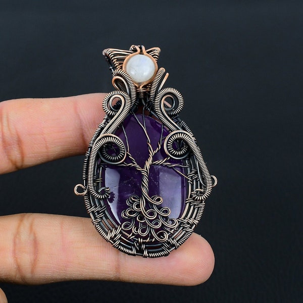 Amethyst (Natural) Pendant Copper Wire Wrapped Pendant Amethyst With Moonstone Handmade Pendant Jewelry Necklace For Gifts Personalized Gift