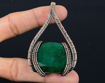 Emerald Pendant Copper Wire Wrapped Pendant Emerald Gemstone Pendant Copper Jewelry Handmade Pendant Emerald Jewelry Gift For Her Mother