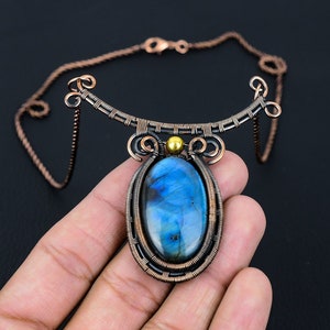 Natural Labradorite Necklace Copper Wire Wrapped Pendant Necklace Labradorite Gemstone Necklace Copper Jewelry Handmade Jewelry Wedding Gift