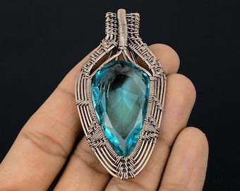 Blue Topaz Pendant Copper Wire Wrapped Pendant Blue Topaz Gemstone Pendant Copper Jewelry Handmade Pendant Blue Topaz Jewelry Gift For Her