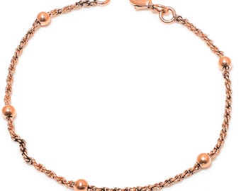 Bracciale con catena in rame con corda e palline, catena in rame puro di alta qualità, catena in rame massiccio con palline, unisex, tutte le taglie, regali ecologici