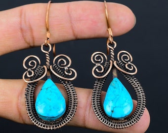 Turquoise Earrings, Natural Turquoise Gemstone Copper Wire Wrapped Earrings, Turquoise Earrings, Copper Jewelry Dangle Earrings Wedding Gift