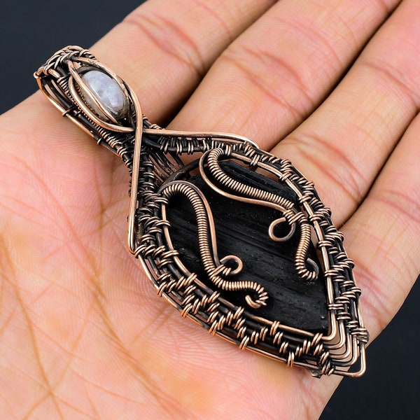 Tourmaline noire naturelle brute, pendentif pierre de lune, fil de cuivre, bijoux suspendus, bijoux en tourmaline, bijoux pendentifs faits main pour cadeau