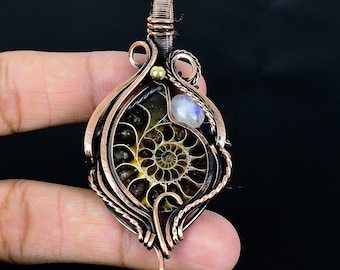 Ammonite Fossil, Flashy Moonstone Pendant, Copper Wire Wrap Necklace, Natural Fossil & Moonstone Handmade Jewelry Gift For Mom, Sister, Wife