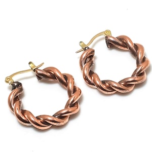 Puede incluir: Un par de pendientes de aro de color cobre con un diseño de cuerda trenzada. Los pendientes tienen cierres dorados. Los aros son redondos y tienen un acabado pulido, que refleja la luz. Las joyas se muestran sobre un fondo blanco.