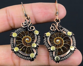 Ammoniet fossiele oorbellen Edelsteen oorbellen koperdraad gewikkelde oorbellen koperen sieraden Dangle oorbellen cadeau voor haar Ammoniet fossiele sieraden