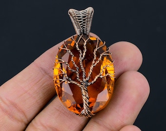 Arbre de vie pendentif citrine fil de cuivre enveloppé pendentif Citrine pendentif pierres précieuses cuivre pendentif fait main cadeau pour elle bijoux en citrine