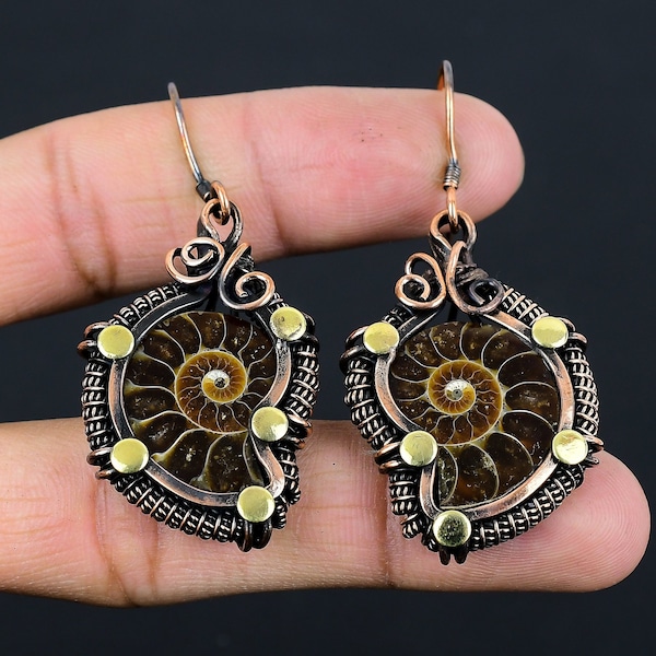 Ammonite Fossil Earrings Gemstone Earrings Copper Wire Wrapped Earrings Copper Jewelry Dangle Earrings Gift For Her Ammonite Fossil Jewelry