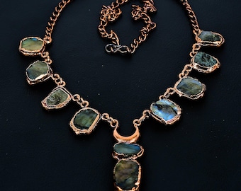 Raw Labradorite Gemstone Necklace, Natural Rough Gemstone Necklace, Copper Electroformed Necklace Jewelry Beautiful Unique Necklace For Her