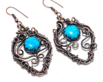 Natural Turquoise Gemstone Copper Wire Wrapped Dangle Earrings, Handmade Boho Jewelry