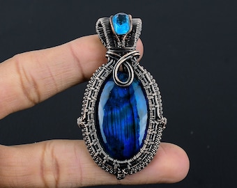 Blue Flash Labradorite Gemstone Pendant Copper Wire Wrapped Pendant Necklace Labradorite Pendant Jewelry Labradorite Jewelry Gift for Her