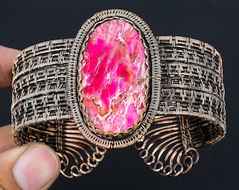 Natural Sea Sediment Copper Cuff Bracelet, Pink Sea Sediment Bracelet, Copper Wire Wrapped Adjustable Bangle, Unisex Bracelet Gift Jewelry
