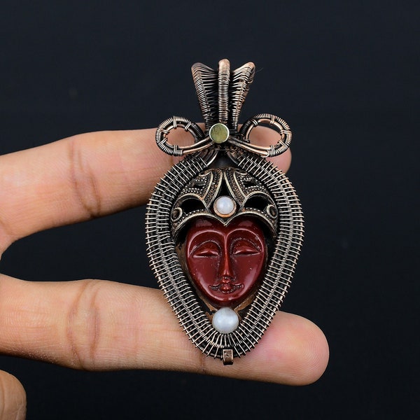 Red Face Pendant, Pure Copper Wire Wrapped Carved Bone Face Pendant Jewelry, Handmade  Jewelry Necklace Unique Gift for Friends And Family