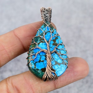 Turquoise Pendant, Tree Of Life Wire Wrapped Pendant, Natural Gemstone Copper Jewelry Handmade Birthday & Anniversary Gifts For Him And Her