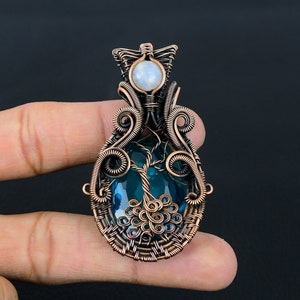 Blue Topaz Pendant Copper Wire Wrapped Blue Topaz Moonstone Gemstone Pendant Jewelry Pure Copper Copper Handmade Jewelry Gift For Her Mother
