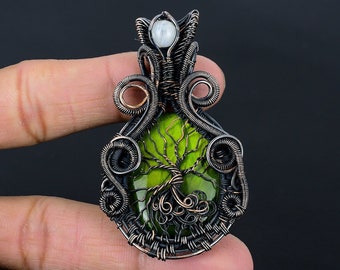 Pendentif arbre de vie en labradorite flash vert Pendentif en pierre précieuse enveloppée de fil de cuivre Pendentif en cuivre pur Collier avec pendentif pierre de lune labradorite