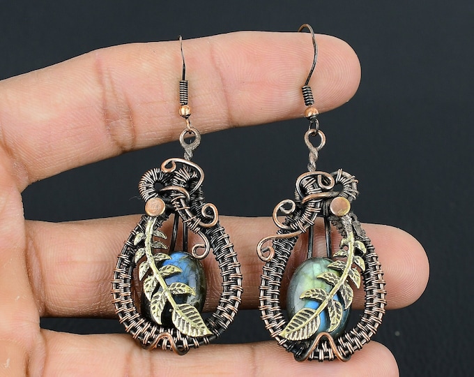 Labradorite Earrings Copper Wire Wrapped Earrings Labradorite Gemstone Earrings Handmade Copper Jewelry Dangle Earrings Labradorite Jewelry