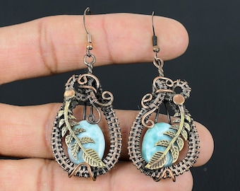 Pendientes de larimar, pendientes envueltos en alambre de cobre, pendientes de piedra preciosa larimar, joyería de cobre, pendientes colgantes de hojas, regalo hecho a mano para ella, esposa, mamá.