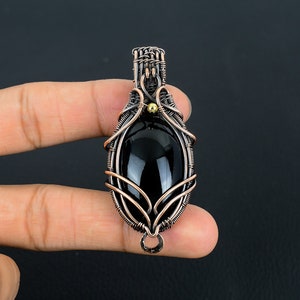 Natural Obsidian Eye Pendant, Real Obsidian Copper Wire Wrapped Gemstone Jewelry, Handmade Chain Pendant Jewelry Gift For Wife, Gift For Him
