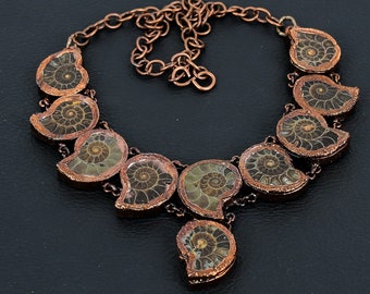 Collier fossile d'ammonite, collier en cuivre électroformé, bijoux en pierres précieuses véritables, collier chaîne réglable, collier fossile naturel, cadeau pour elle