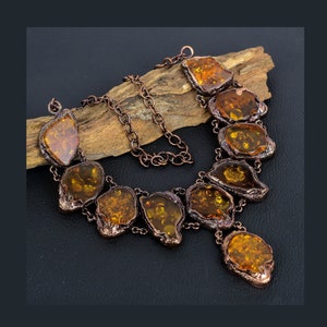 Baltic Amber Necklace, Amber Rough Slice Copper Electroformed Necklace, Handmade ADJ Chain Necklace Jewelry For Birthday Gift & Wedding Gift