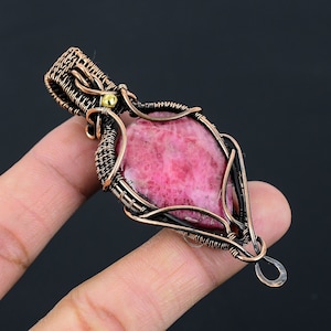 Rhodonite Pendant, Pure Copper Wire Wrapped Pendant, Natural Rhodonite Gemstone Necklace, Handmade Jewelry Gift For Birthday And Anniversary