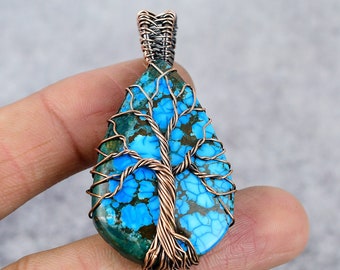 Tree Of Life Turquoise Pendant Wire Wrapped Pendant Copper Gemstone Copper Jewelry Turquoise Jewelry Handmade Gift For Her Gift For Wife