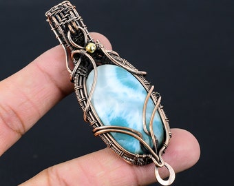 Natural Larimar Pendant Copper Wire Wrapped Pendant Larimar Gemstone Copper Healing Jewelry Handmade Jewelry Gift For Her Gifts For Mother