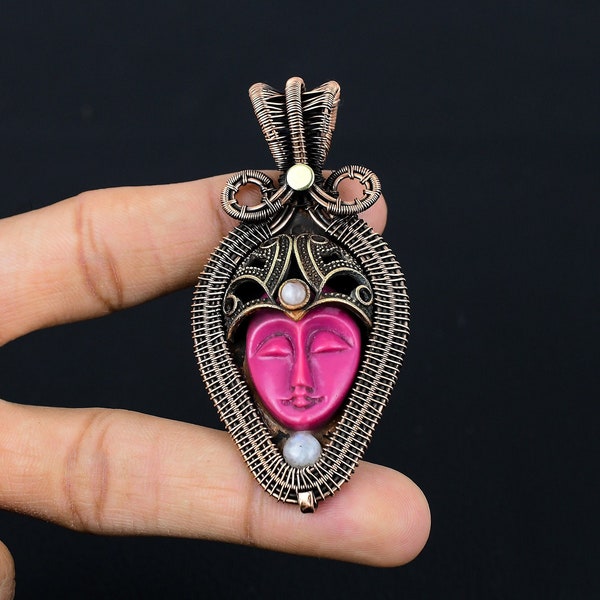 Pink Face Pendant Pure Copper Wire Wrapped Carved Bone Face Pendant Handmade Jewelry Necklace Gifts For Love, Gifts For Boyfriend/Girlfriend