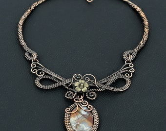 Crazy Lace Agate Necklace, Natural Crazy Lace Gemstone Copper Wire Wrap Designer Necklace, Handmade Jewelry Gifts For Friends And Family