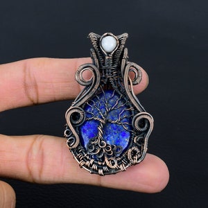 Naturligt lapis lazuli-hänge i livets träd, hänge i ren koppartråd, handgjort hänge, äkta lapis lazuli-sten, bästa presenten till honom/henne