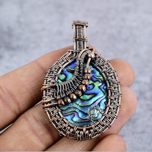 Abalone Shell Pendant, Pure Coper Wire Wrapped Gemstone Jewelry, Natural Abalone Shell Designer Chain Pendant Gifts For Wife, Gift For Mom