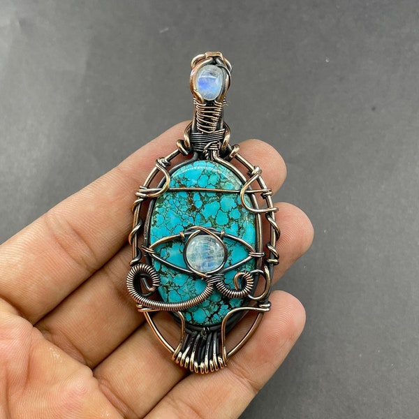 Evil Eyes Turquoise Pendant Turquoise Gemstone Pendant Wire Wrapped Pendant Moonstone Pendant Gemstone Copper Pendant Evil Eyes Jewelry