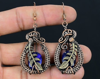Blue Sapphire Earrings Copper Wire Wrapped Earrings Sapphire Gemstone Earrings Dangle Earrings Sapphire Jewelry Anniversary Gifts for Her