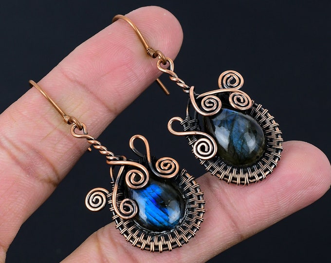 Labradorite Earrings Copper Wire Wrapped Earrings Labradorite Gemstone Earrings Handmade Copper Jewelry Dangle Earrings Labradorite Jewelry