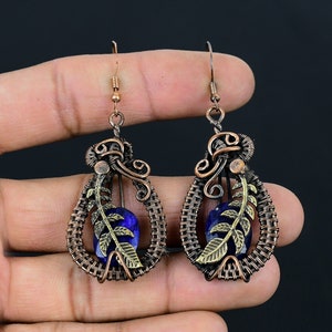 Blue Sapphire Earrings Copper Wire Wrapped Earrings Sapphire Gemstone Earrings Dangle Earrings Sapphire Jewelry Anniversary Gifts for Her