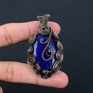 Lapis Lazuli Gemstone Copper Wire Wrap Pendant, Rose Flower Designer Pendant Solid Copper Cabochon Pendant Handmade Jewelry Bohemian Pendant