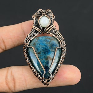 Neon Blue Apatite Copper Wire Wrap Pendant Pure Copper Wire Wrapped Gemstone Pendant Natural Moonstone Pendant Birthday & Anniversary Gifts
