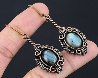 Labradorite Earrings Copper Wire Wrapped Earrings Labradorite Gemstone Earrings Handmade Copper Jewelry Dangle Earrings Labradorite Jewelry