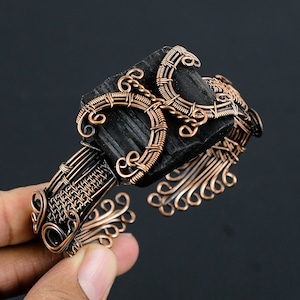 Natural Black Tourmaline Gemstone Copper Wire Wrapped Cuff Adjustable Bracelet – Raw Tourmaline Handmade Jewelry