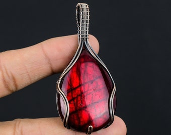 Pendentif en pierre gemme labradorite flash rouge fil de cuivre enroulé pendentif collier bijoux pendentif labradorite cadeau bijoux labradorite pour elle