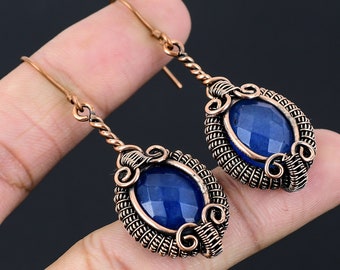 Blue Sapphire Earrings Copper Wire Wrapped Earrings Sapphire Gemstone Earrings Handmade Copper Jewelry Dangle Earrings Engagement Gifts