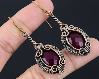 Ruby Earrings Copper Wire Wrapped Earrings Ruby Gemstone Earrings Handmade Jewelry Dangle Earrings Ruby Jewelry Christmas Gift for Her