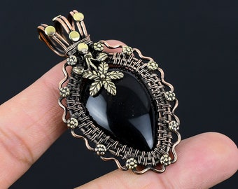 Pendentif en obsidienne noire avec fil de cuivre enroulé avec pendentif en pierres précieuses, bijoux en cuivre, bijoux faits main, collier en obsidienne noire, cadeau pour elle/lui
